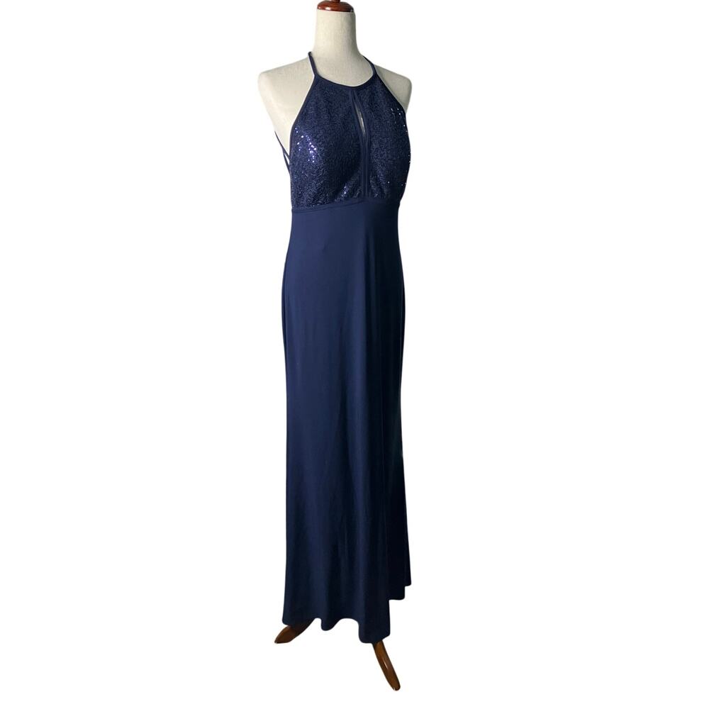 X by Xscape Navy Sequin Halter Keyhole Formal Maxi Gown Size 12